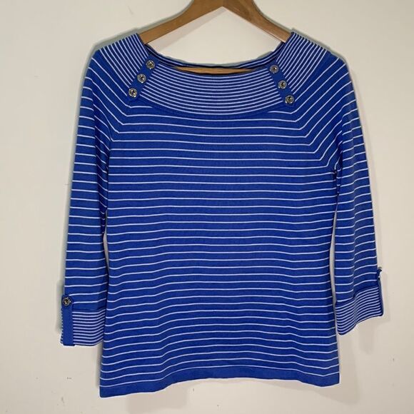 JONES NEW YORK Signature Blue and White Striped Cotton Sweater Size Medium - Picture 1 of 6